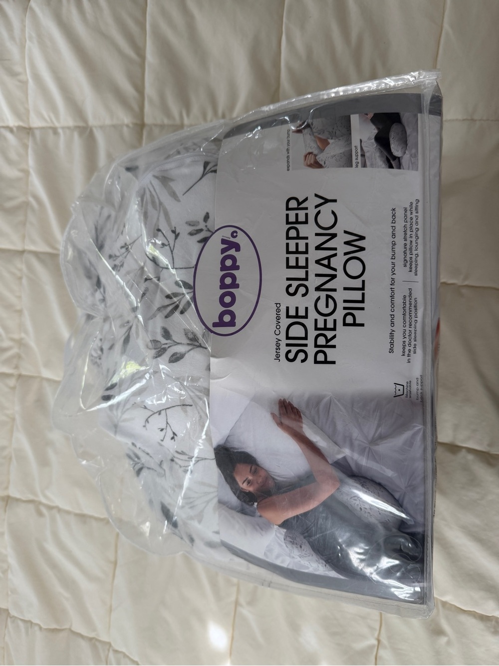 Boppy Jersey Side Sleeper Pillow - White with Gray Leaf Pattern - Maternity